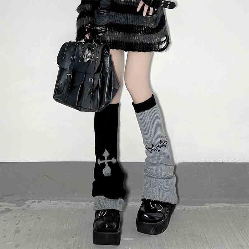 BXCNCKD Gothic Skull Print Two Side Wear Knitted Leg Warmers Socks Y2k Star Punk Girls Japanese Kawaii Streetwear Leg Cover