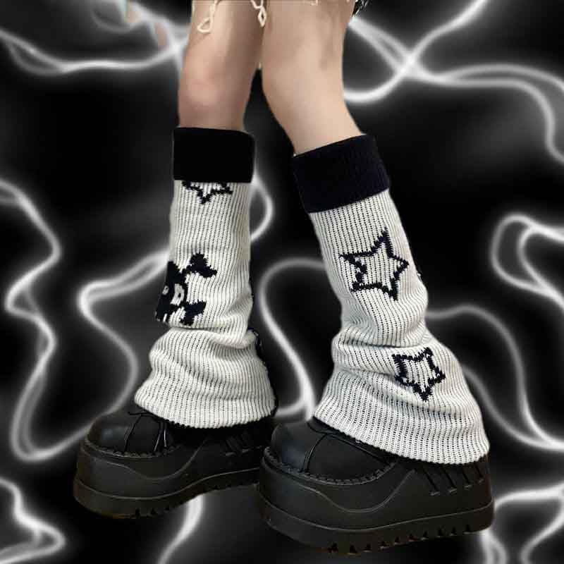 BXCNCKD Gothic Skull Print Two Side Wear Knitted Leg Warmers Socks Y2k Star Punk Girls Japanese Kawaii Streetwear Leg Cover
