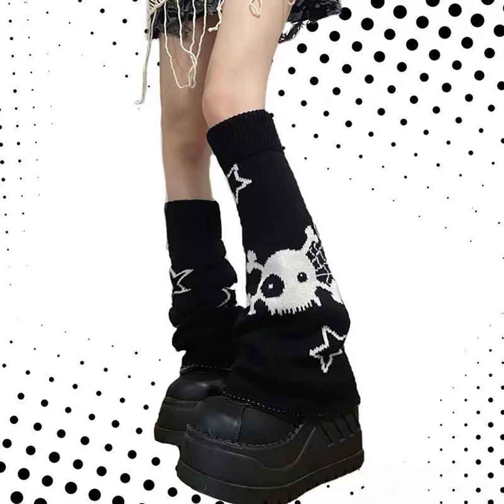 BXCNCKD Gothic Skull Print Two Side Wear Knitted Leg Warmers Socks Y2k Star Punk Girls Japanese Kawaii Streetwear Leg Cover