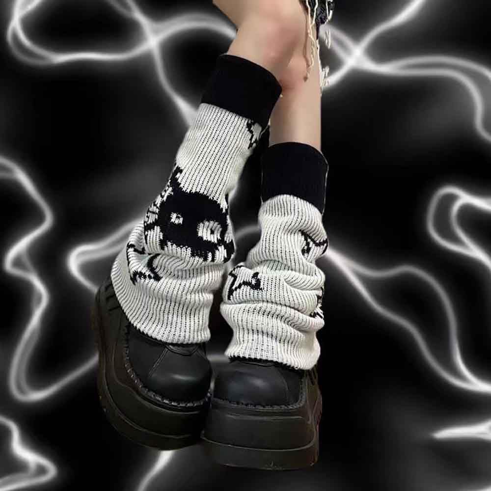 BXCNCKD Gothic Skull Print Two Side Wear Knitted Leg Warmers Socks Y2k Star Punk Girls Japanese Kawaii Streetwear Leg Cover