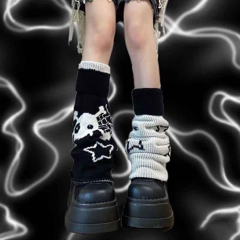 BXCNCKD Gothic Skull Print Two Side Wear Knitted Leg Warmers Socks Y2k Star Punk Girls Japanese Kawaii Streetwear Leg Cover