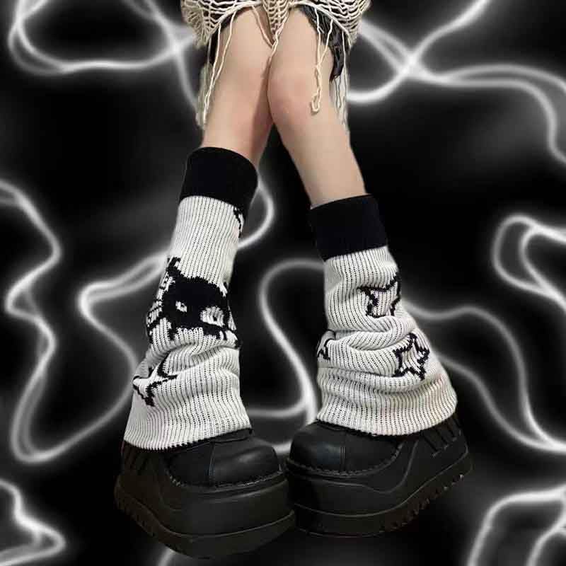 BXCNCKD Gothic Skull Print Two Side Wear Knitted Leg Warmers Socks Y2k Star Punk Girls Japanese Kawaii Streetwear Leg Cover