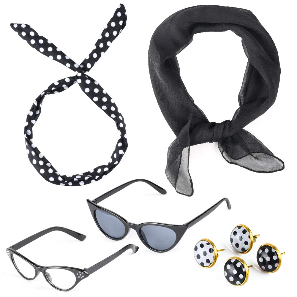 Beelittle 50's Costume Accessories Set 1950's Chiffon Scarf Cat Eye Glasses Bandana Tie Headband Drop Dot Earrings