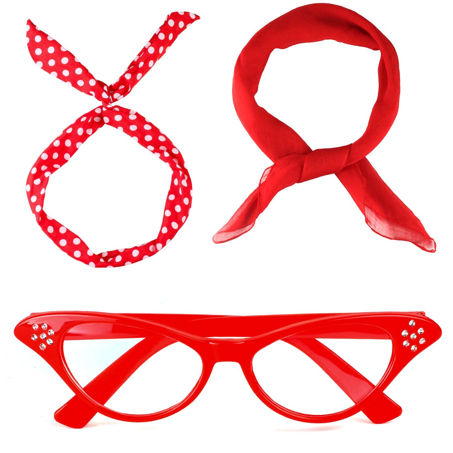 Beelittle 50's Costume Accessories Set 1950's Chiffon Scarf Cat Eye Glasses Bandana Tie Headband Drop Dot Earrings
