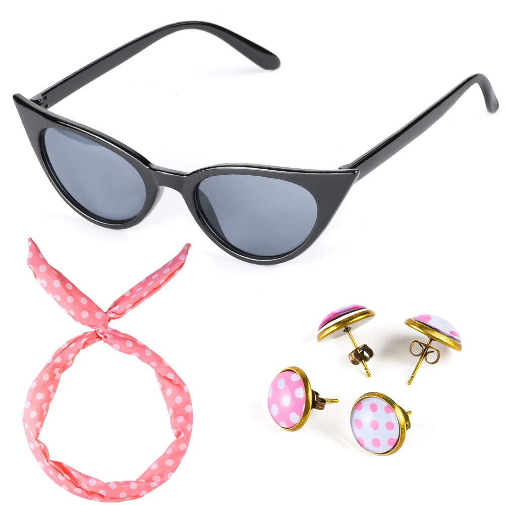 Beelittle 50's Costume Accessories Set 1950's Chiffon Scarf Cat Eye Glasses Bandana Tie Headband Drop Dot Earrings