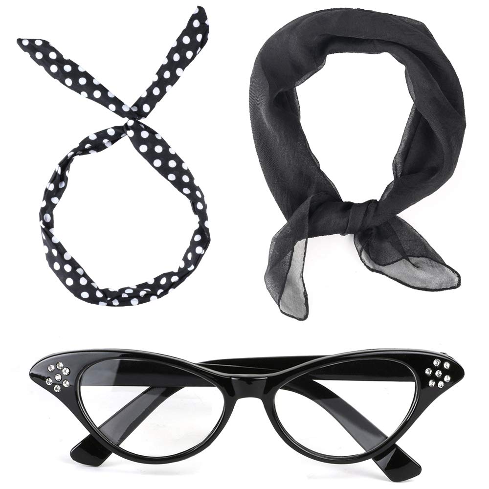 Beelittle 50's Costume Accessories Set 1950's Chiffon Scarf Cat Eye Glasses Bandana Tie Headband Drop Dot Earrings