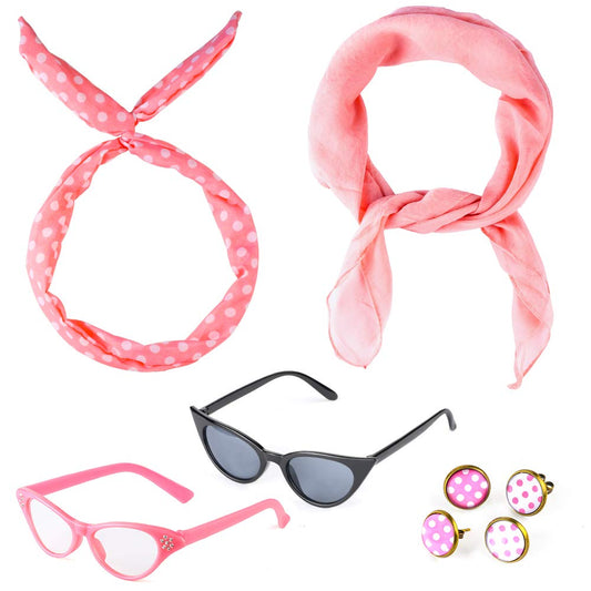 Beelittle 50's Costume Accessories Set 1950's Chiffon Scarf Cat Eye Glasses Bandana Tie Headband Drop Dot Earrings