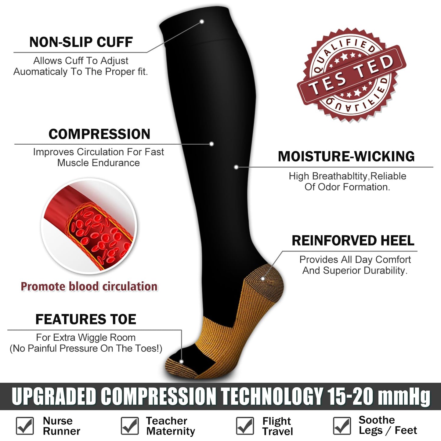 6 Pack Copper Compression Socks for Women and Men Circulation-Best Support for Medical, Running,Nursing,Athletic