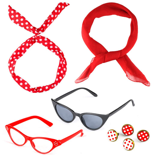Beelittle 50's Costume Accessories Set 1950's Chiffon Scarf Cat Eye Glasses Bandana Tie Headband Drop Dot Earrings