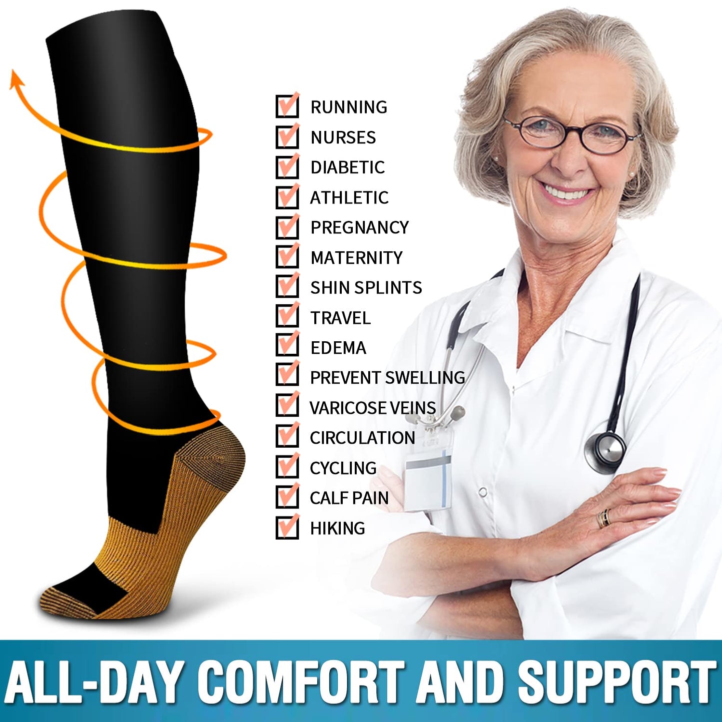 6 Pack Copper Compression Socks for Women and Men Circulation-Best Support for Medical, Running,Nursing,Athletic